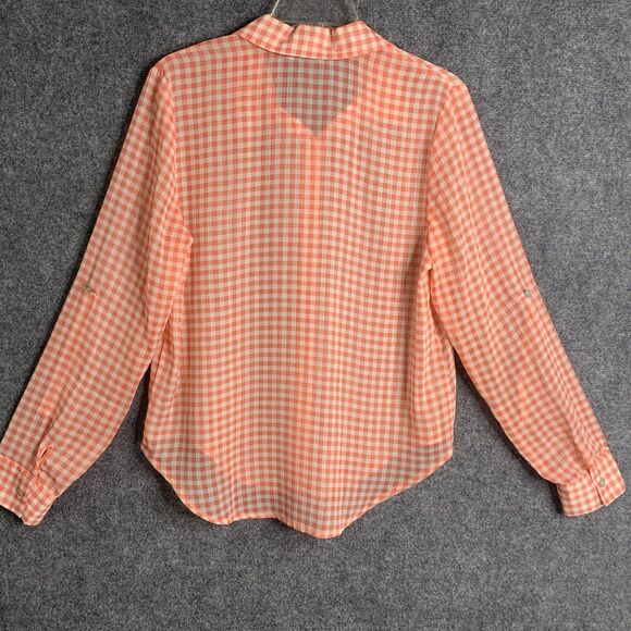 Living Doll Light Weight Semi Sheer Gingham Shirt Roll Tab Sleeve Shell Buttons - Picture 6 of 10